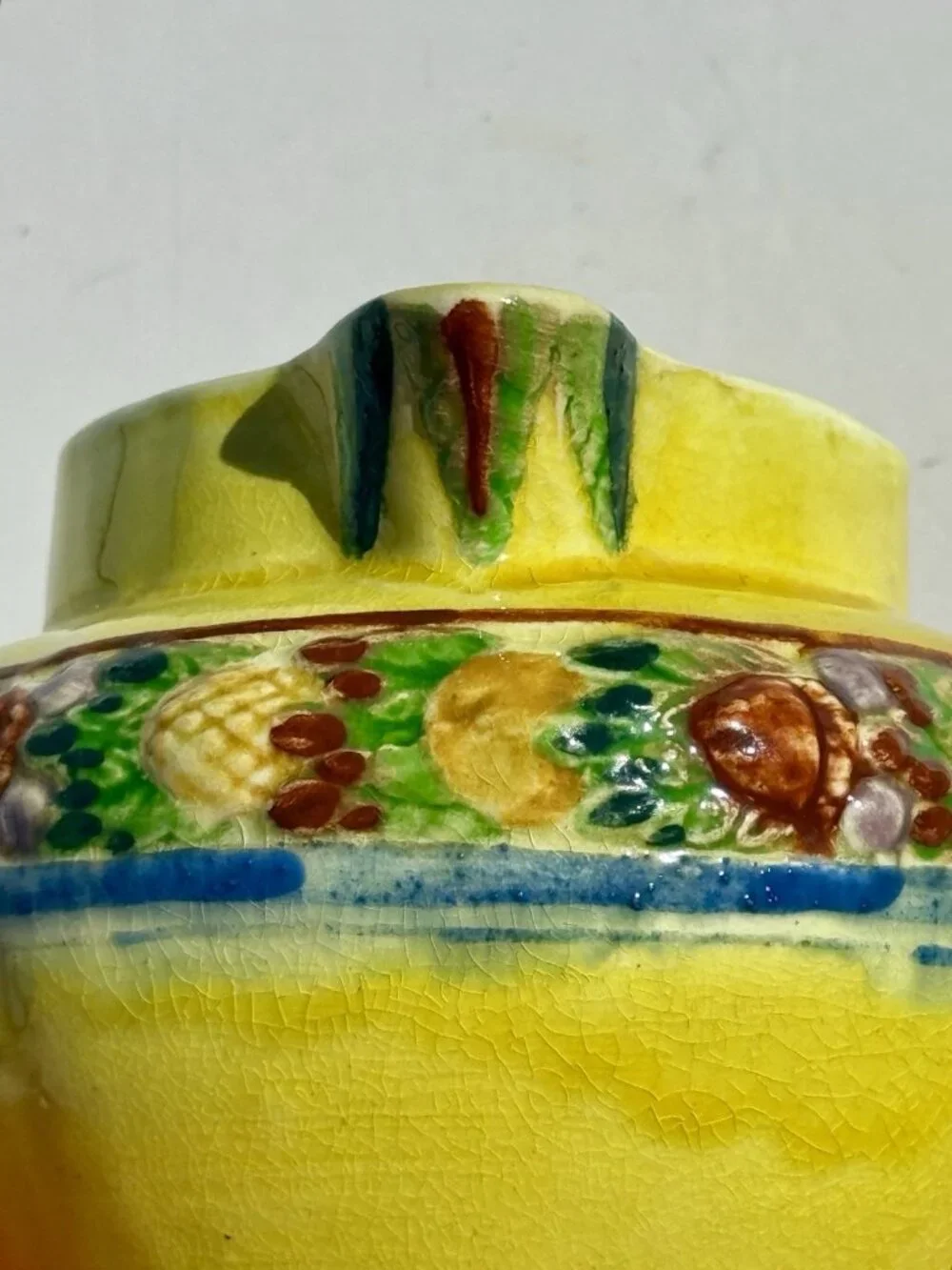 Vintage Hand Painted Yellow Ceramic Pitcher Fruit Pattern  Country Kitchen Japan